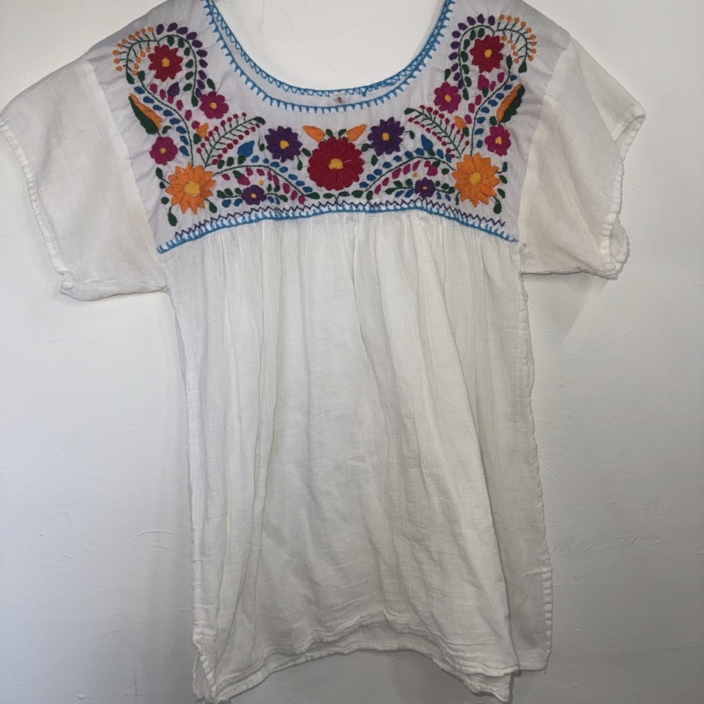 Embroidered blouse, peasant, floral, mexican blouse, hand made White